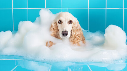 A cute afghan hound dog in bath with soap foam on glossy blue tile fashion background. adorable pet portrait shampoo pet grooming salon spa wallpaper