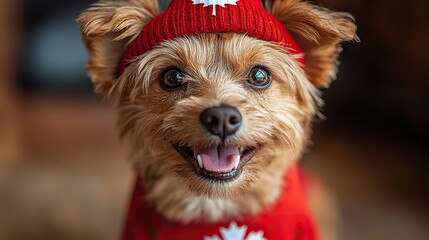 Funny dog in a T-shirt with a maple leaf, celebrating Canada Day with a playful national holiday theme.