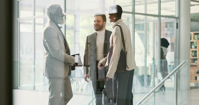 Shaking hands, discussion and business people in office for greeting, welcome or partnership. Happy, team and financial advisors with client for investment deal, agreement or meeting handshake.