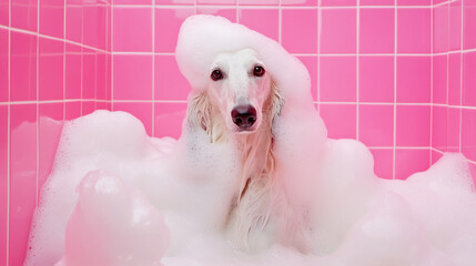 A cute afghan hound dog in bath with soap foam on glossy pink tile fashion background. adorable pet portrait shampoo pet grooming salon spa wallpaper