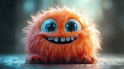 Fototapeta premium Funny red fluffy monster on a bright background, promoting Halloween character designs.