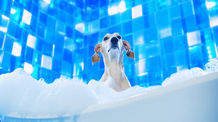 A cute afghan hound dog in bath with soap foam on glossy blue tile fashion background. adorable pet portrait shampoo pet grooming salon spa wallpaper