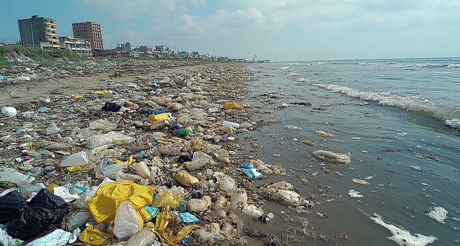 Garbage on a beach, representing ocean pollution and environmental conservation efforts, ideal for World Cleanup Day awareness campaigns. - Powered by Adobe