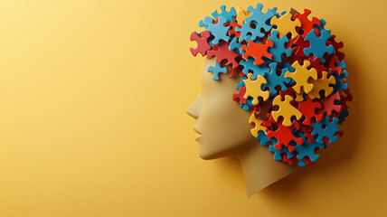 head of kid made of puzzle, creativity and idea concept, child autism awareness day or month creative banner
