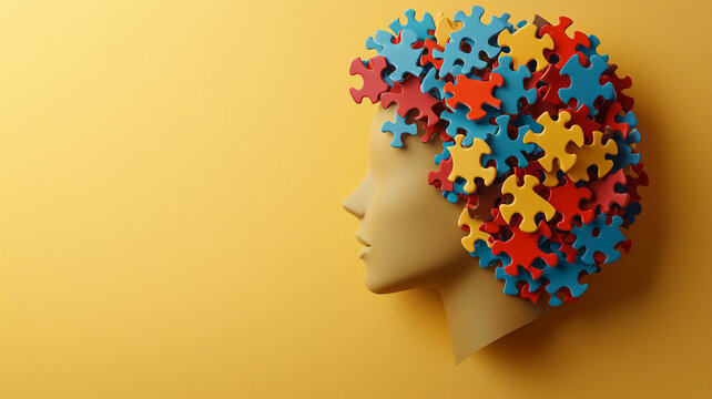 head of kid made of puzzle, creativity and idea concept, child autism awareness day or month creative banner
