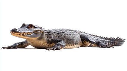 Naklejka premium A bold crocodile lounging near water, its powerful body relaxed, isolated on a white background