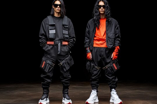 A dark, edgy OOTD with techwear elements, like tactical belts, LED accents, and black leather, set in a gritty urban scene