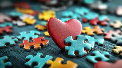 Colorful puzzles are assembled in the shape of a heart on isolated blue background with space for copy