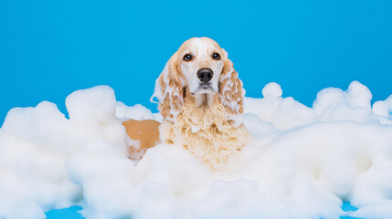 A cute afghan hound dog in bath with soap foam on glossy blue refreshing fashion background. adorable pet portrait shampoo pet grooming salon spa wallpaper