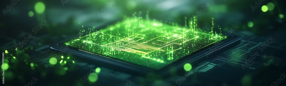 Aufkleber A glowing green microchip surrounded by digital particles, representing advanced technology and innovation in computing.