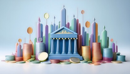 Fototapeta premium Integrate the ASEAN Economic Community with a financial theme featuring bank-building digital coins.