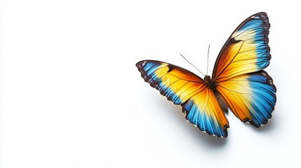 A butterfly with vivid wings gently hovering, isolated on a white background