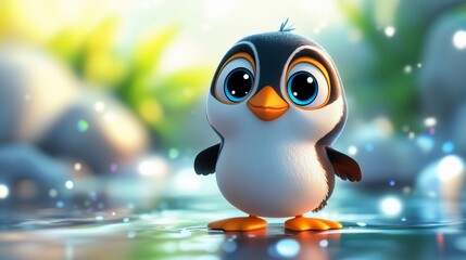 Naklejka premium Adorable cartoon penguin with big eyes standing on a rock by the water.