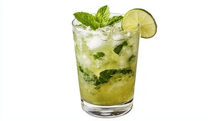 A classic mojito with mint, lime, and crushed ice, served in a clear glass, isolated on a white background