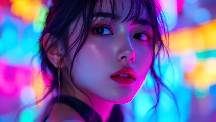 Obraz premium Neon Portrait Photography with Colorful Lighting - Young Asian Woman in Vibrant Night Club Atmosphere with Blue and Pink Glow