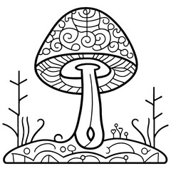 Decorative Mushroom Line Drawing - Whimsical Forest Scene Illustration for Children's Coloring Books and Nature Art Projects