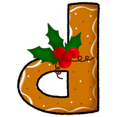 Letter d christmas cookie and snow pattern and decorated with holly