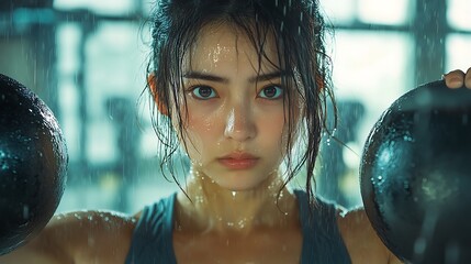Naklejka premium A detailed close-up of an Asian woman lifting a kettlebell, showing muscle tension and determination, sweat beading on her face, gym background with softly focused machines,
