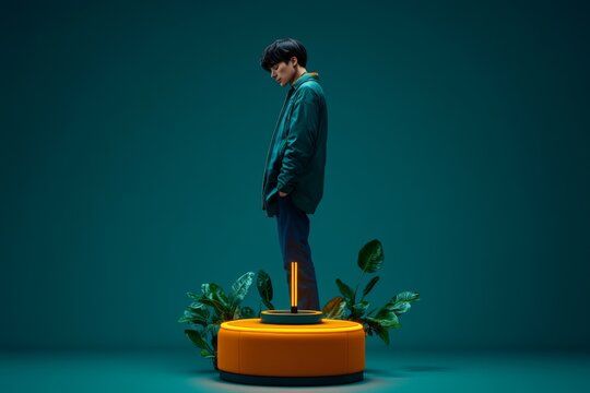 A high-detail 3D illustration of a person in a minimalist room with a single, illuminated object that captures all their attention