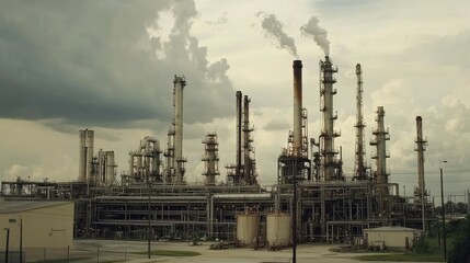 Fototapeta premium Industrial Landscape with Smokestacks and Equipment