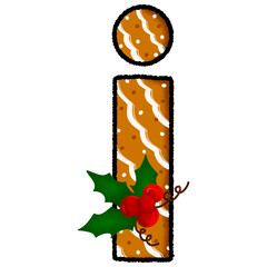 Letter i christmas cookie and snow pattern and decorated with holly