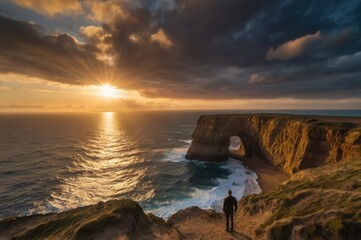 A figure standing on a cliff looking a vast ocean at sunset, with dramatic clouds and golden lights
