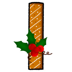 Letter l christmas cookie and snow pattern and decorated with holly