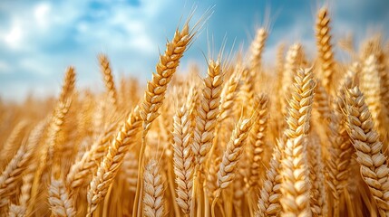 Golden ears of wheat against a sunny blue sky, representing the beauty of nature and a rich harvest in a summer or autumn field.