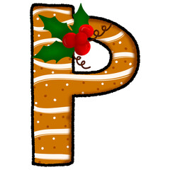 Letter p christmas cookie and snow pattern and decorated with holly