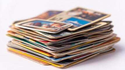A collection of baseball trading cards neatly stacked, isolated on a white background
