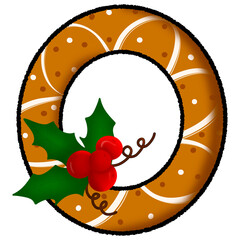 Letter o christmas cookie and snow pattern and decorated with holly