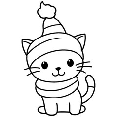 Kawaii Winter Kitten with Bobble Hat - Cute Cat Line Drawing for Children's Coloring Books and Holiday Season Projects