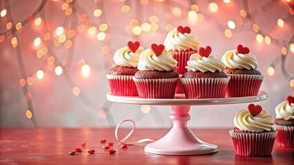 A Delicate Display of Red Velvet Cupcakes Topped with Creamy Frosting and Red Heart Decorations, Presented on a Pink Cake Stand Against a Warmly Lit Background
