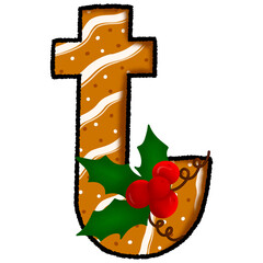 Letter t christmas cookie and snow pattern and decorated with holly