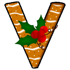 Letter v christmas cookie and snow pattern and decorated with holly