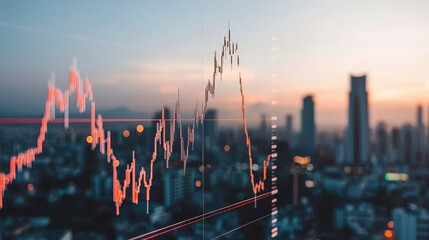 financial graph showing growth trends over city skyline at sunset