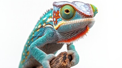 A colorful chameleon clinging to a branch, its eyes looking in opposite directions, isolated on a white background