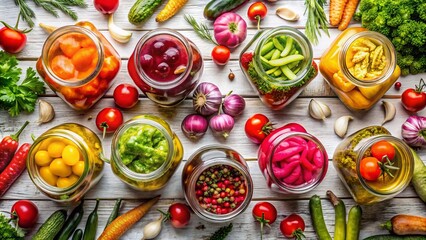 Fototapeta premium Fresh Vegetables and Jars of Pickled Products on a White Background Showcasing Healthy Eating and Food Preservation in a Bright, Clean Aesthetic for Stock Photography