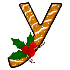 Letter y christmas cookie and snow pattern and decorated with holly