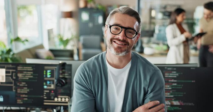 Man, office and smile with arms crossed on computer for with pride for coding and innovation as software engineer. Male person, employee and portrait with confidence for programming and system update