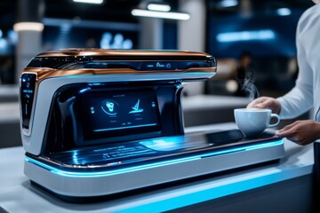 Obraz premium A person making coffee with an automated, voice-activated coffee maker in a futuristic, minimalist kitchen