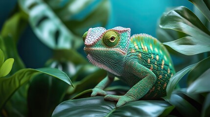 Fototapeta premium Green chameleon on a blue background with tropical leaves, highlighting the beauty of exotic pets.