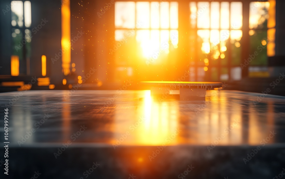 Fototapete A warm sunset glows through a window, casting soft light on a reflective surface, creating a serene and inviting atmosphere.