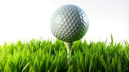 Isolated Golf Ball on Pin Over Lush Green Grass with White Background, Perfect for Sports and Golf-Themed Designs, Showcasing the Essence of the Game in a Minimalist Style
