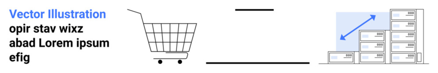 Shopping cart with text, arrow pointing to warehouse storage with stacked boxes and upward trend. Ideal for eCommerce, logistics, retail, inventory management, supply chain optimization, warehousing