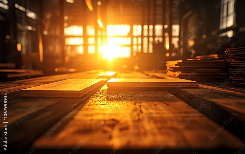 Poster The image captures a warm sunset illuminating a rustic workspace featuring stacked papers on a wooden surface, creating a serene atmosphere.