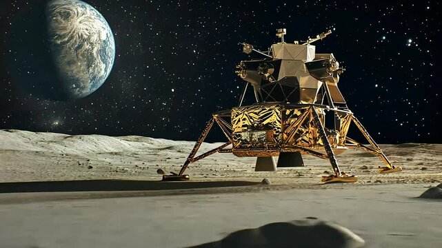 A lunar lander is depicted on the Moon's surface, with Earth visible in the background, symbolizing space exploration and human achievement in science and technology.