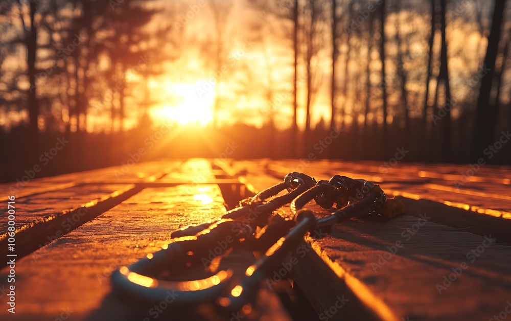 Poster a serene sunset scene with chains resting on a wooden surface, surrounded by trees and illuminated b