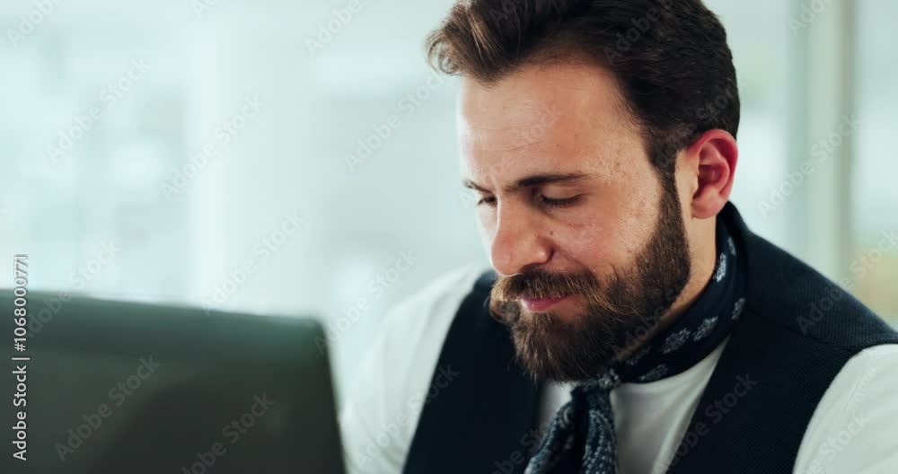 Poster office, glasses and man with laptop checking email, gallery schedule or online review for business p