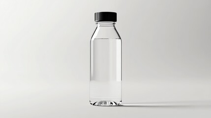 A clear plastic bottle with a black cap, showcasing purity and simplicity against a neutral background.